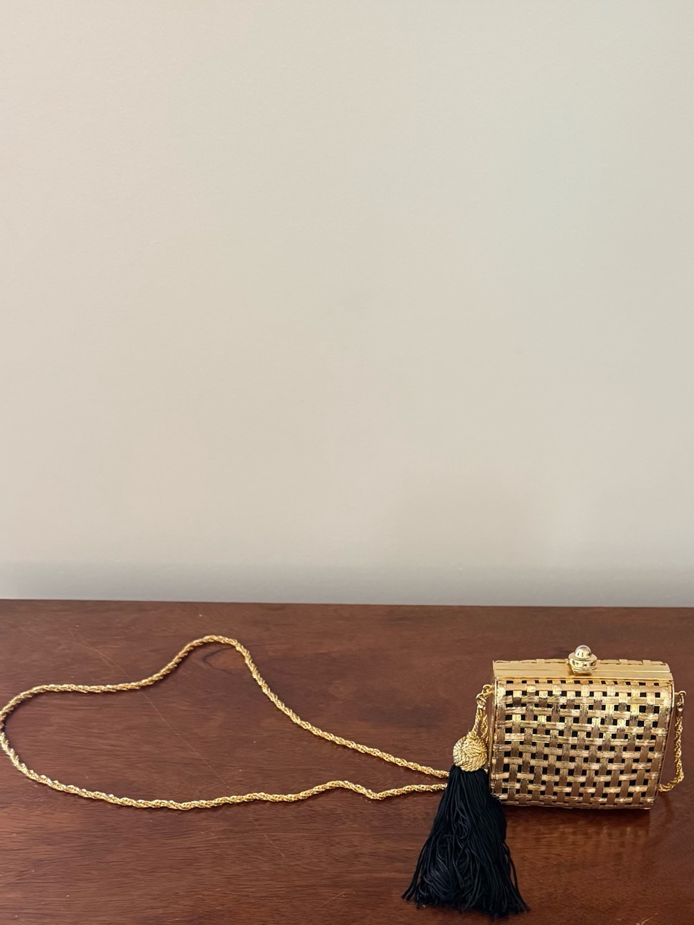 Vintage Gold basket weave Crossbody Bag with Black Tassel